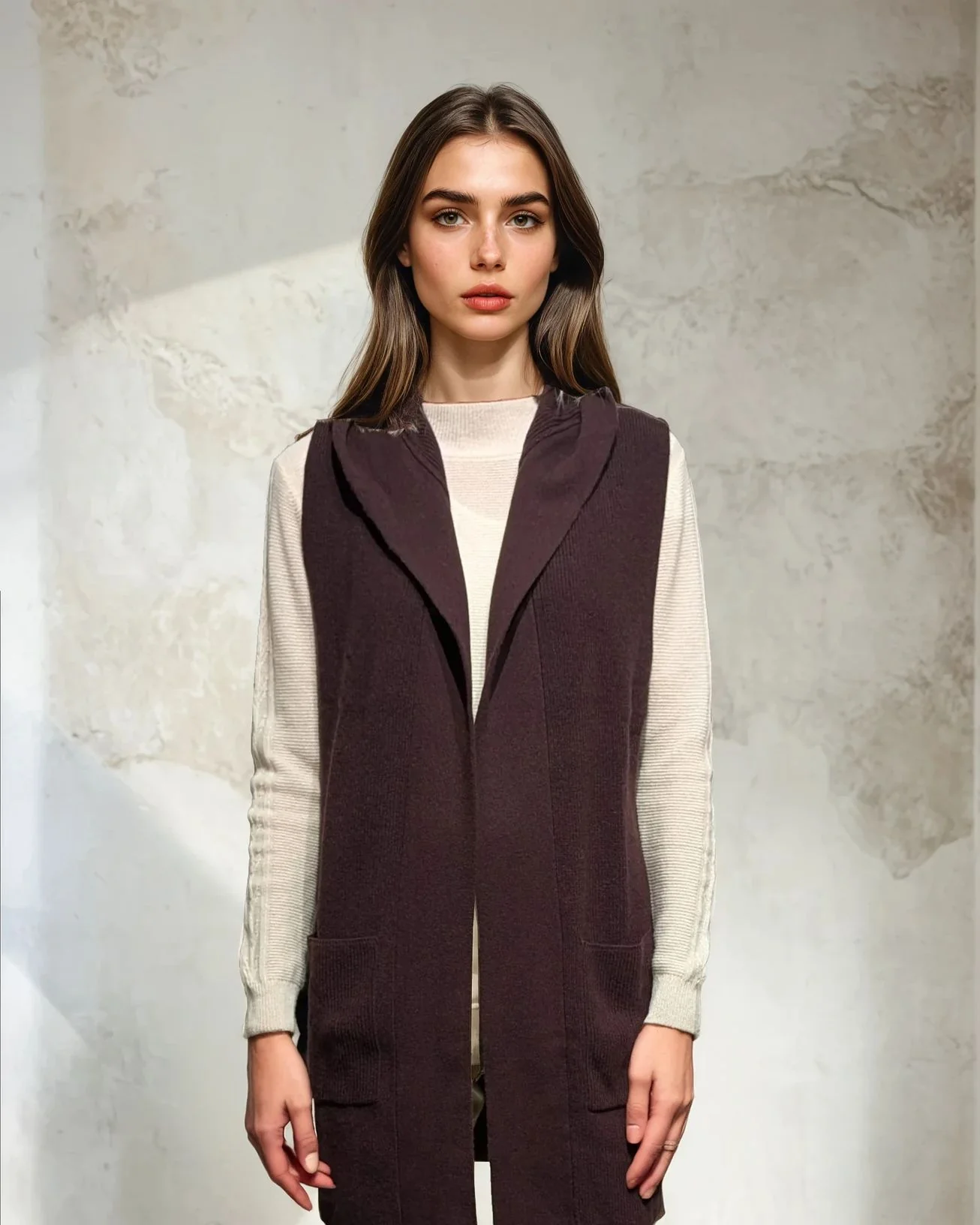 240324-01A lang vest - 100 % ren kashmir - kvinder - brun