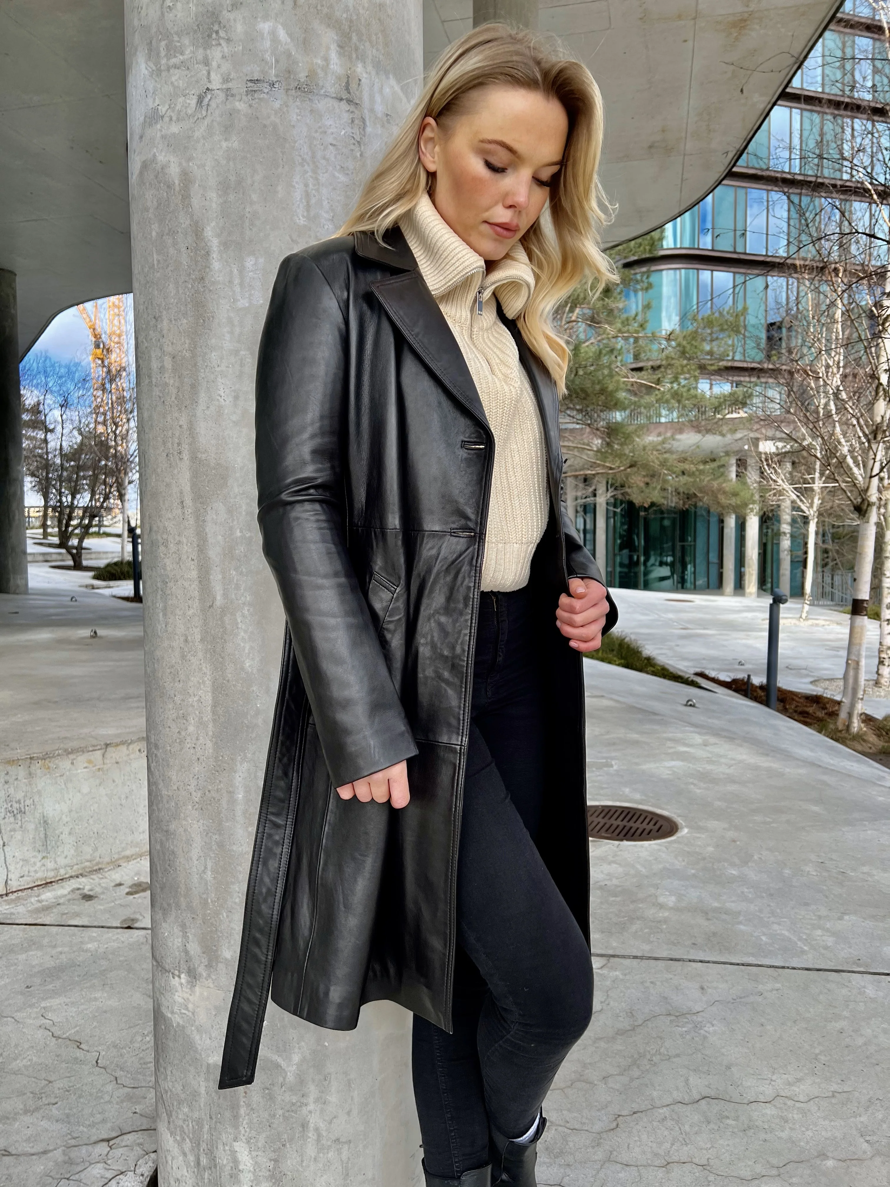 Amara sort læderjakke / trench coat - dame - Image 5