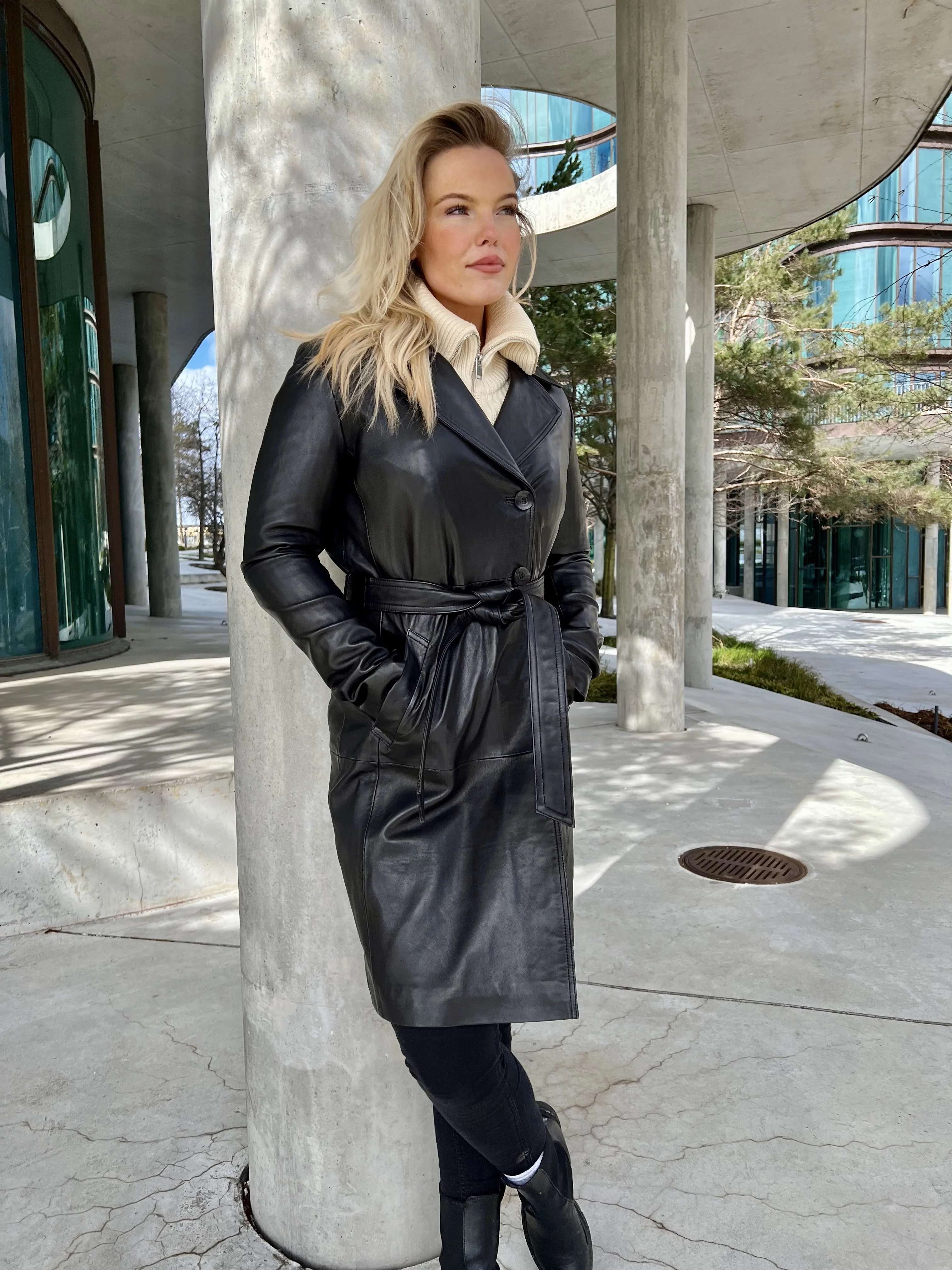 Amara sort læderjakke / trench coat - dame - Image 6