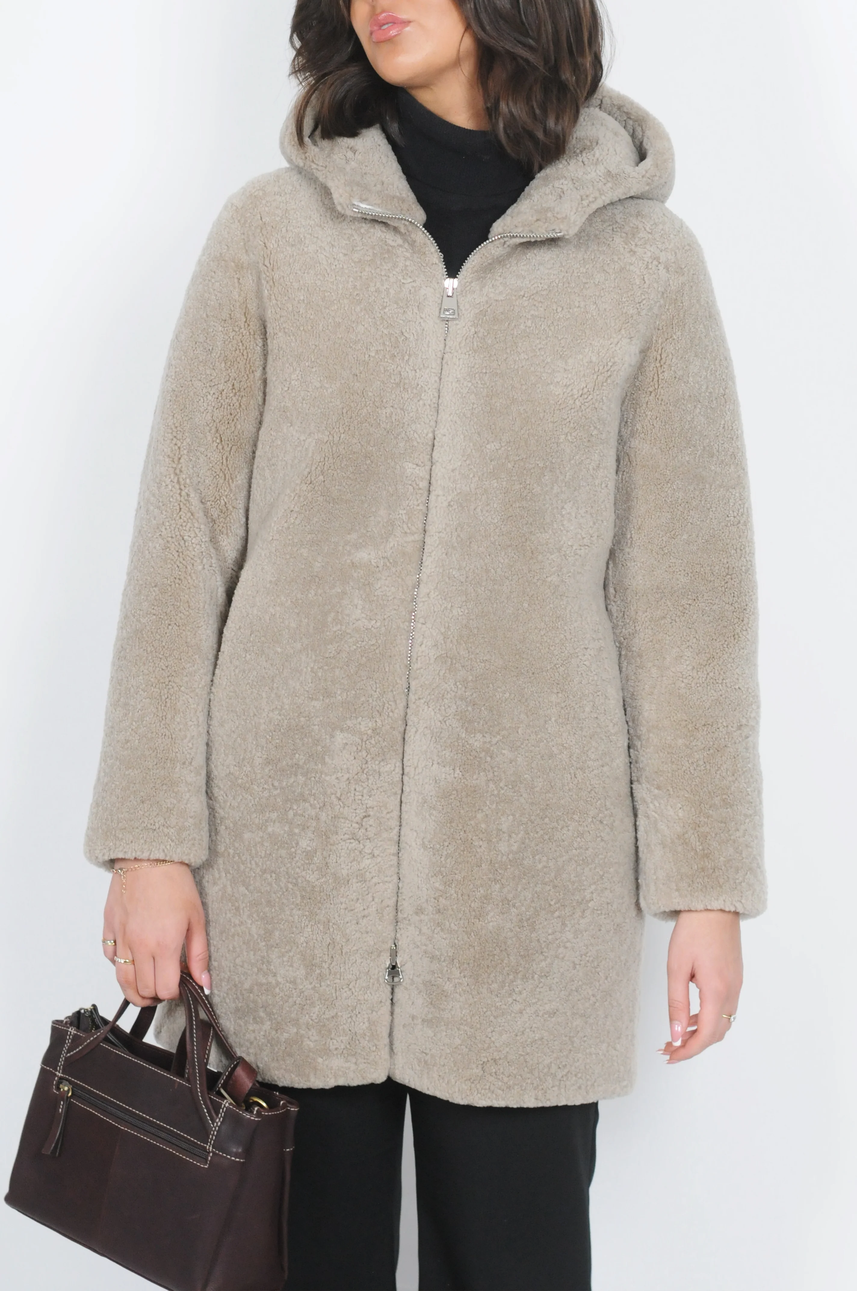 Delaney, 87 cm - Curly lammejakke med hætte - Dame - Grå - Image 7