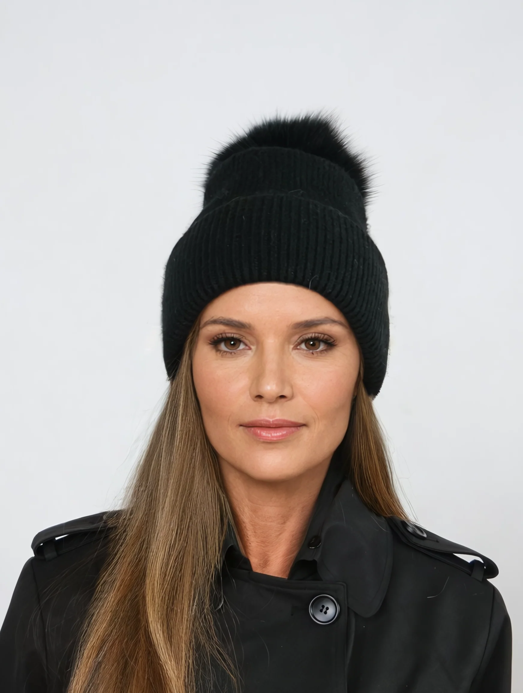 HL22C007 Angora Wool Fur Beanie med Pompom - Sort