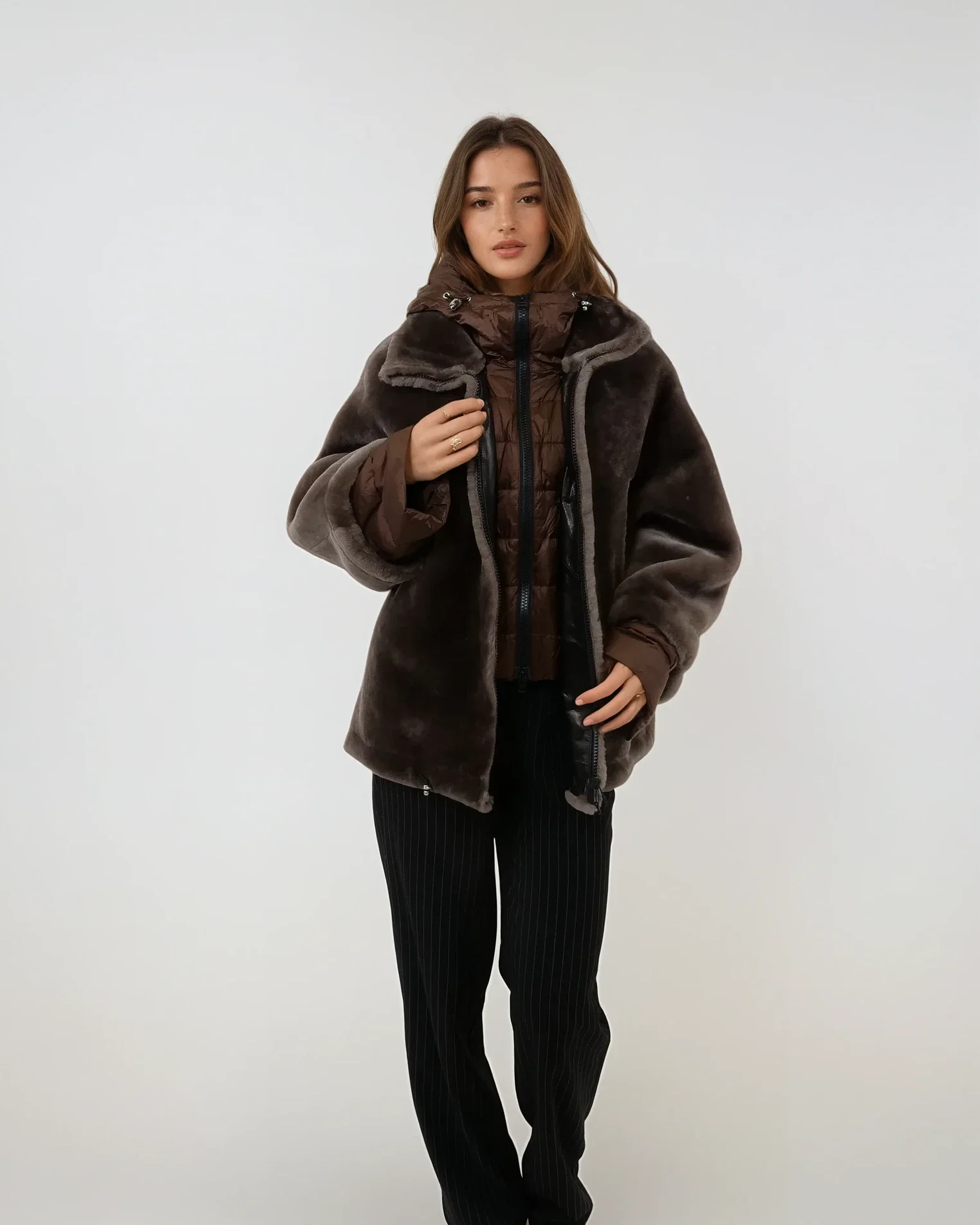 Idane, 69 cm. - Hood - Lamb Straight Hair - Women - Brown - Image 5
