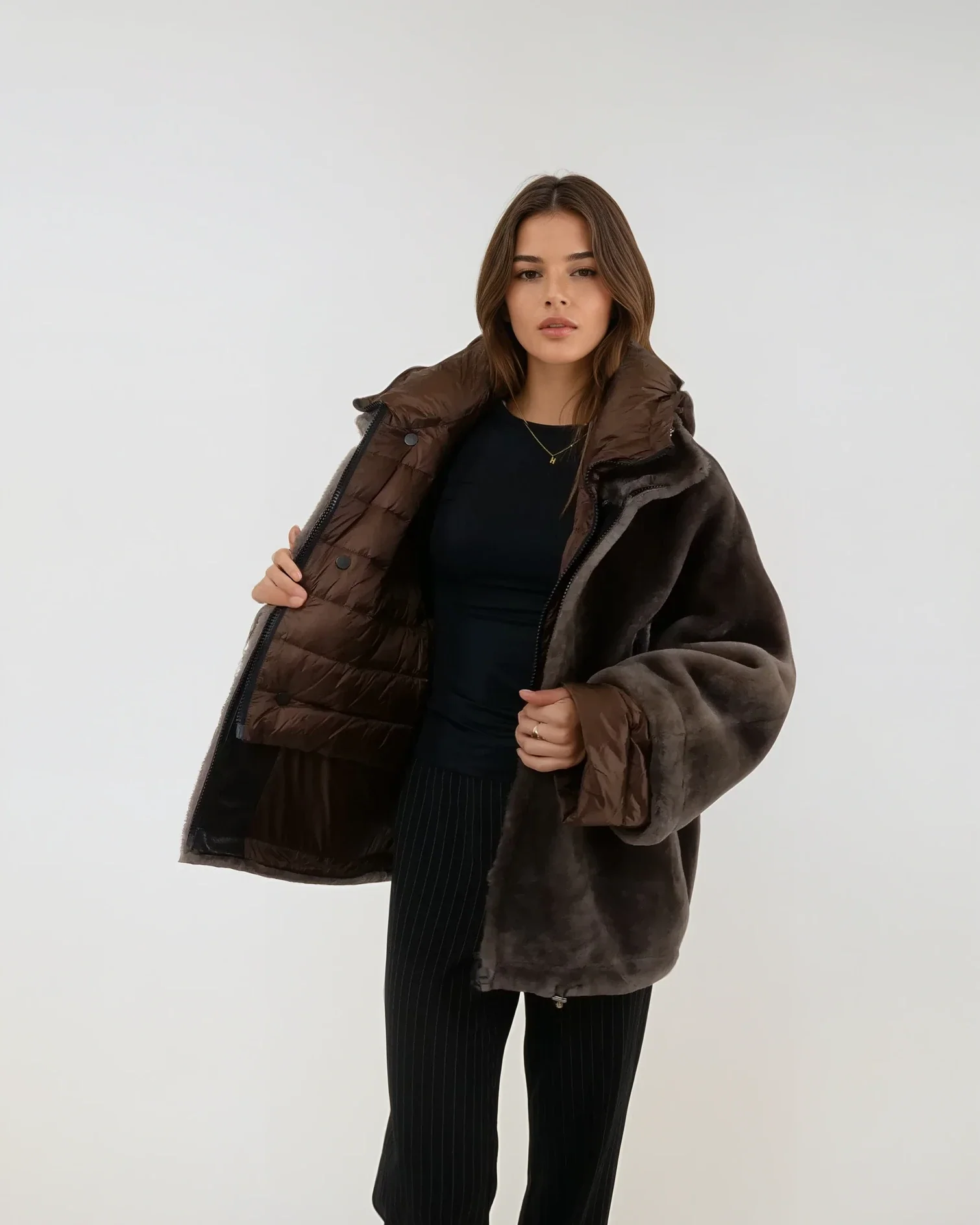 Idane, 69 cm. - Hood - Lamb Straight Hair - Women - Brown - Image 7