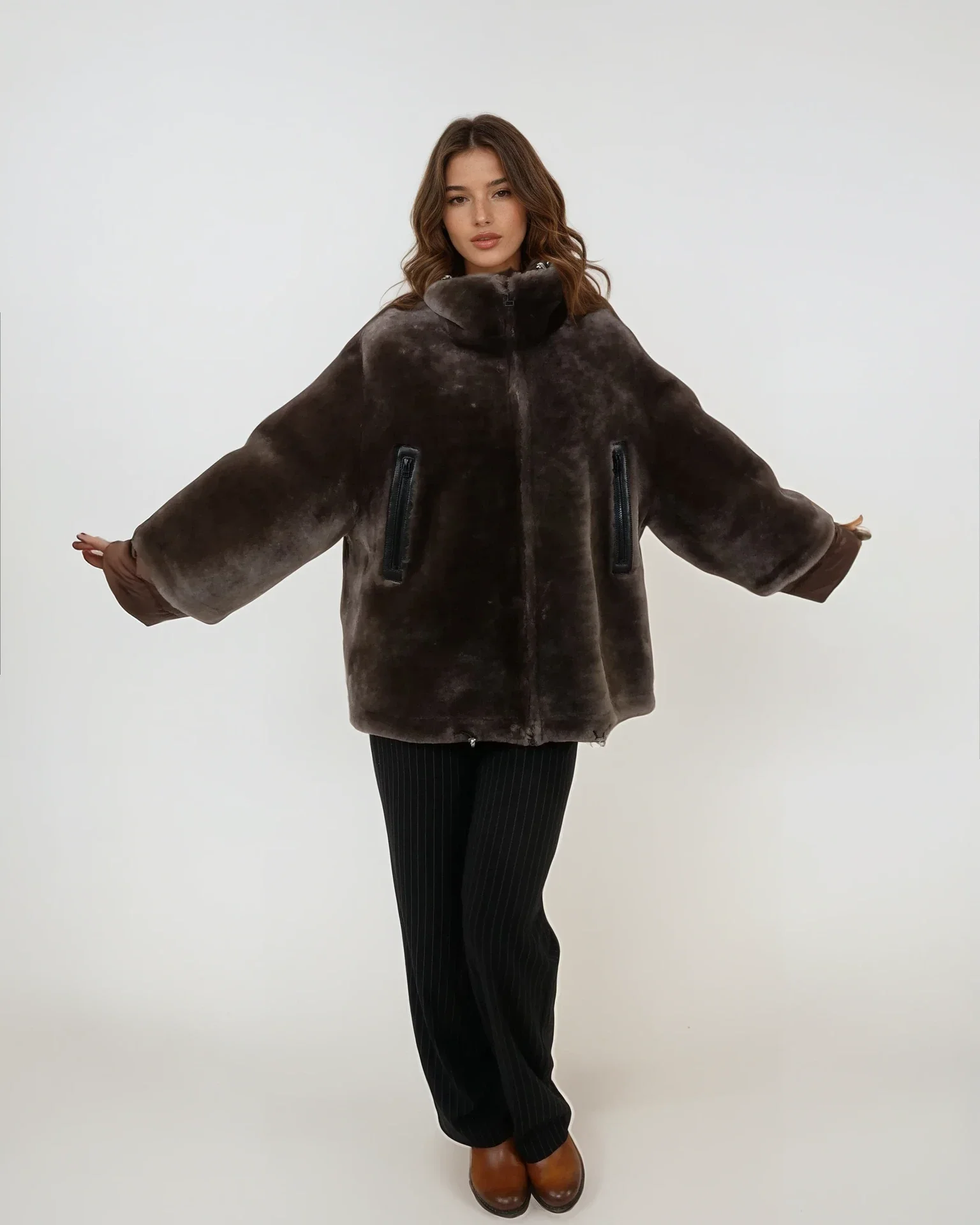 Idane, 69 cm. - Hood - Lamb Straight Hair - Women - Brown - Image 9