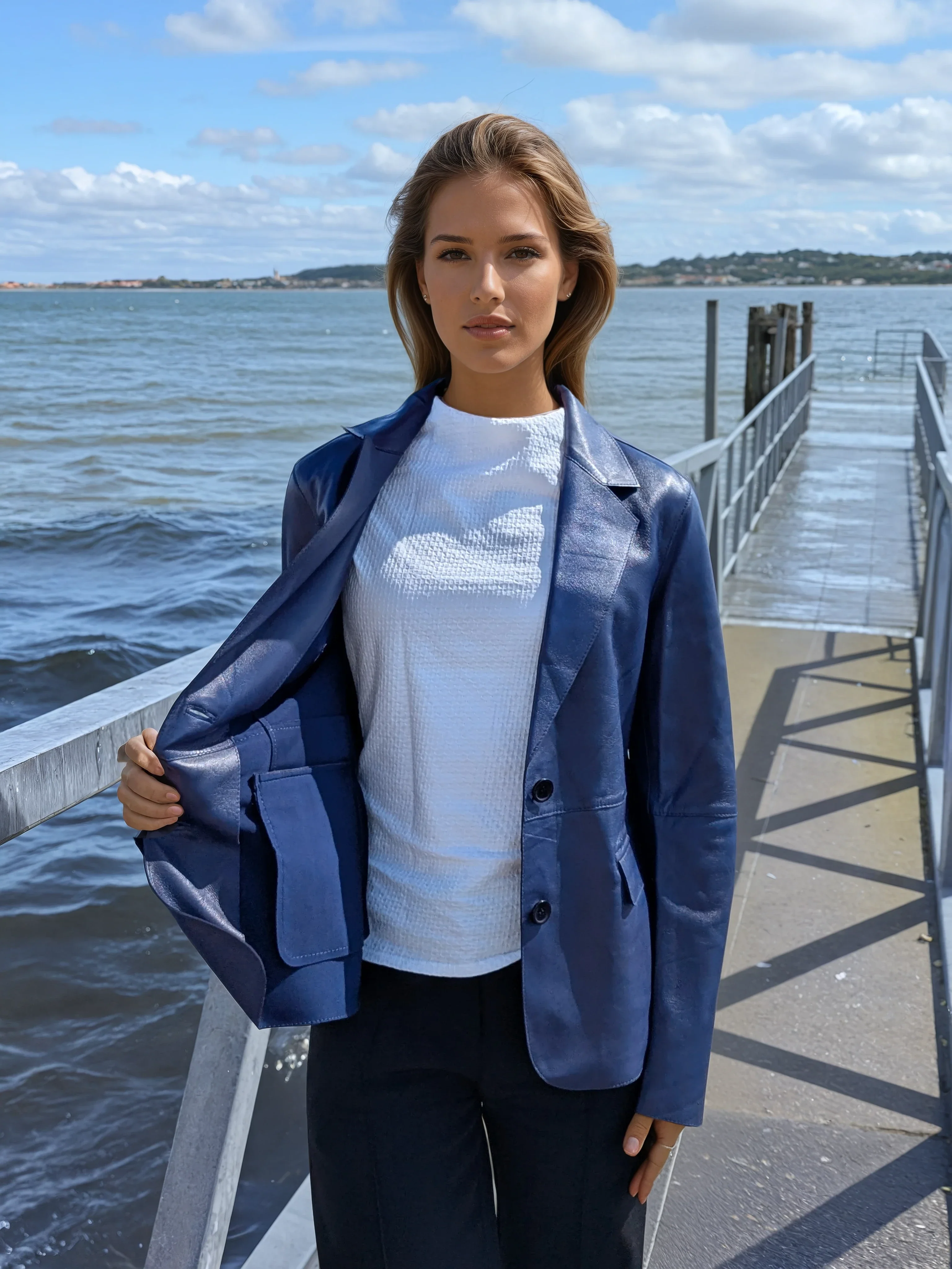 Nina Blazer, 60 cm. - Lamb Dior Bonded Læder-Damer - Dusty Blue - Image 3