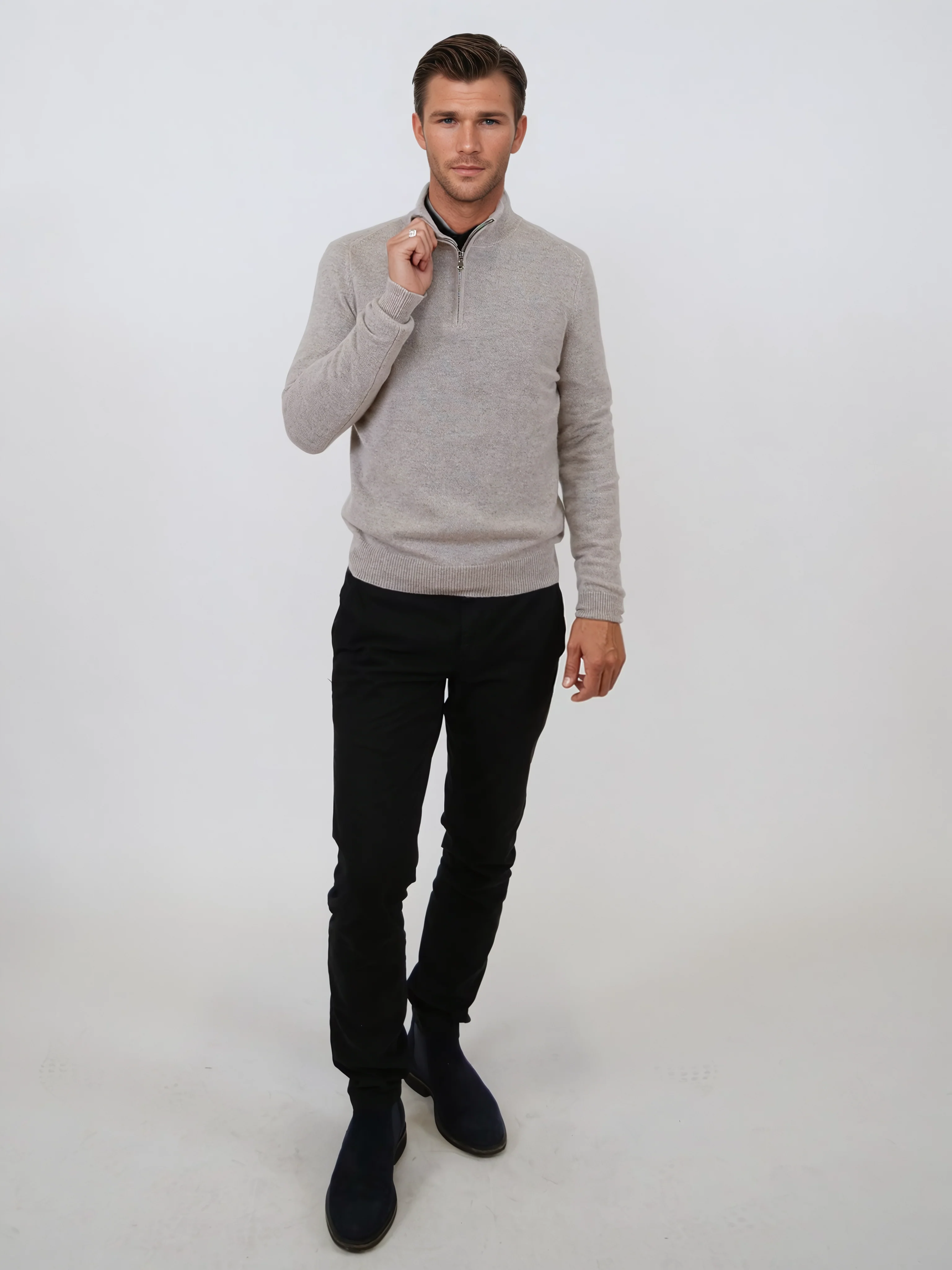 SY -1568-9 herre halv lynlås sweater - 100% ren cashmere - mænd - lys beige - Image 3