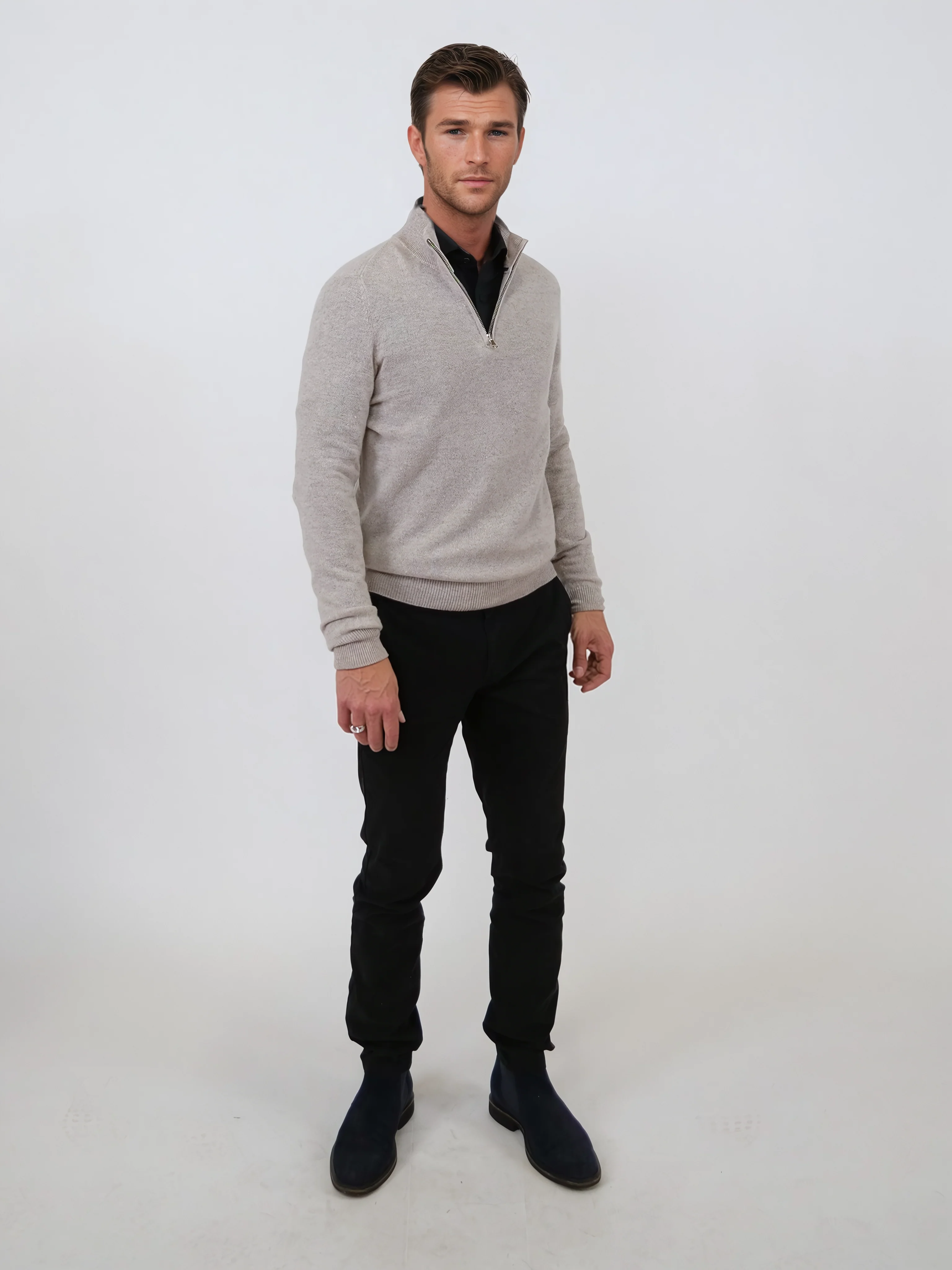 SY -1568-9 herre halv lynlås sweater - 100% ren cashmere - mænd - lys beige - Image 7